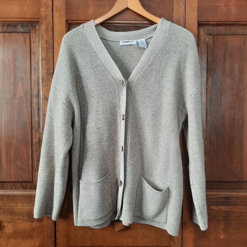 Liz Claiborne Collection wool cashmere blend tan ribbed knit cardigan sweater M